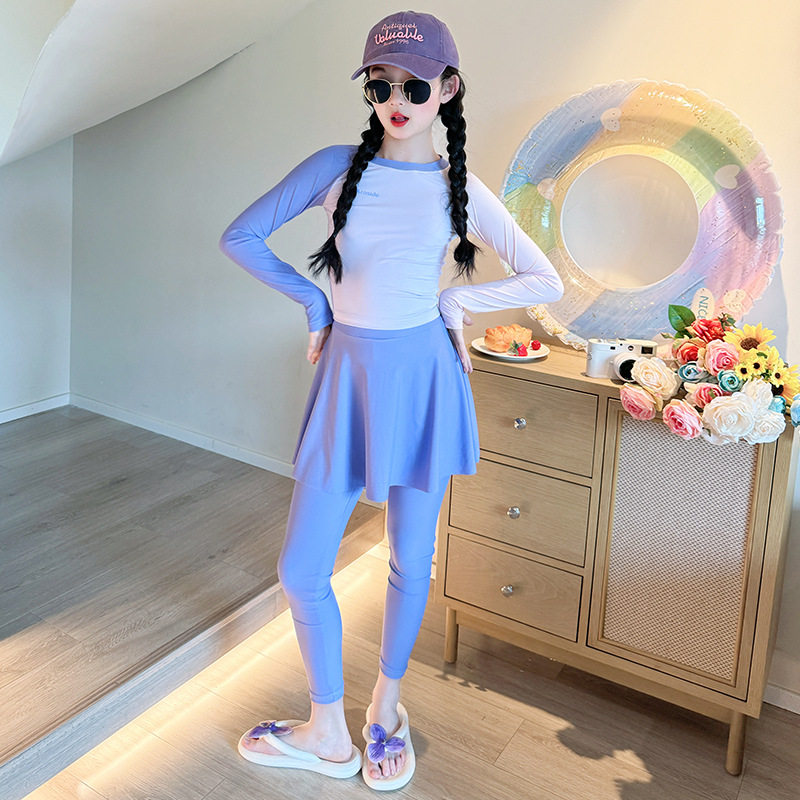 儿童女童分体泳衣套装长袖防晒泳衣假两件长泳裤女孩海边游玩套装