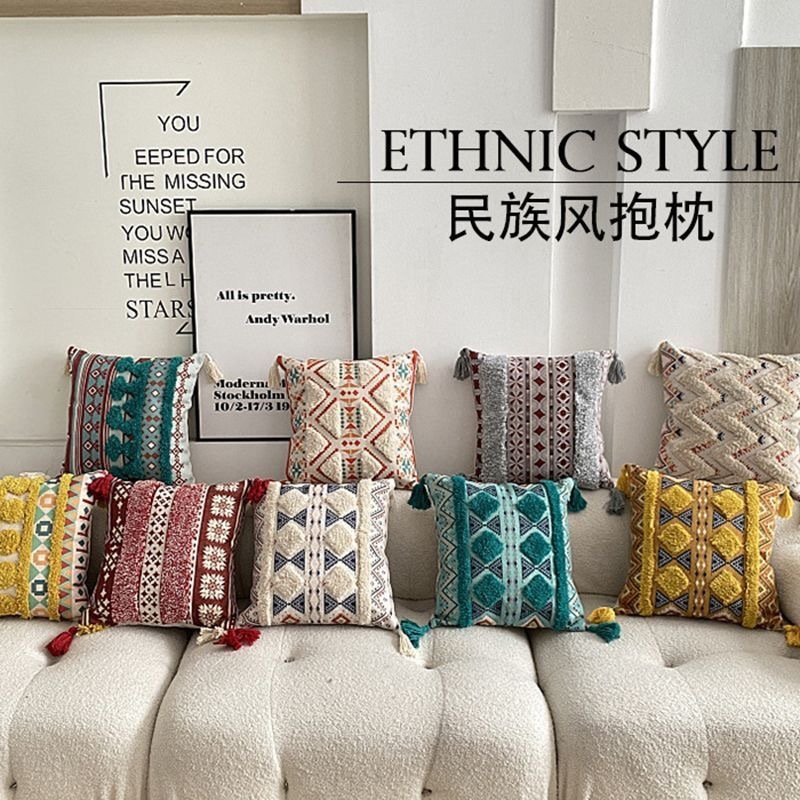 波西米亚抱枕网红客厅沙发簇绒麻布印花抱枕套民族风民宿卧室靠垫