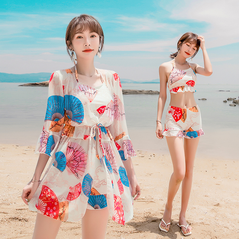 泳衣女新款2025爆款高级感温泉遮肚显瘦保守大码分体三件套游泳装
