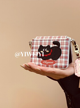 依维意 适用于荣耀MagicVFlip2折叠手机壳OPPOFindN3Flip复古风红白格novaFlip小猫咪皮质手提新款华为PuraX