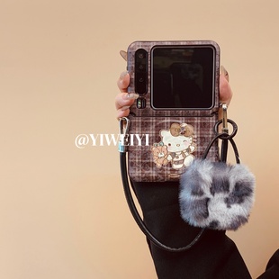 依维意 适用于华为purax手机壳pocket2棕色格纹折叠屏oppofindn3flip烫金小熊kt猫vivoxflip复古风豹纹毛绒包