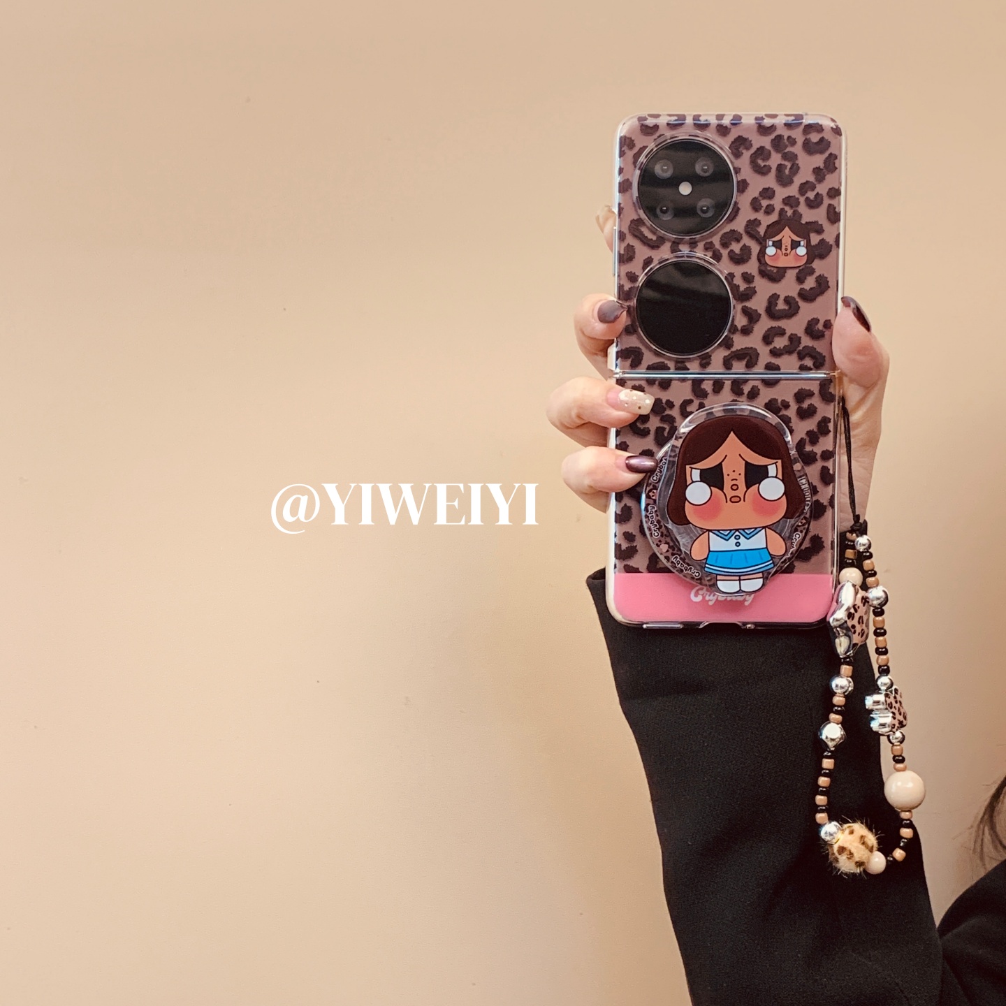 依维意 适用于华为pocket2手机壳purax豹纹哭娃折叠屏三星zflip3卡通磁吸支架秋冬新款mixflip串珠挂绳防摔