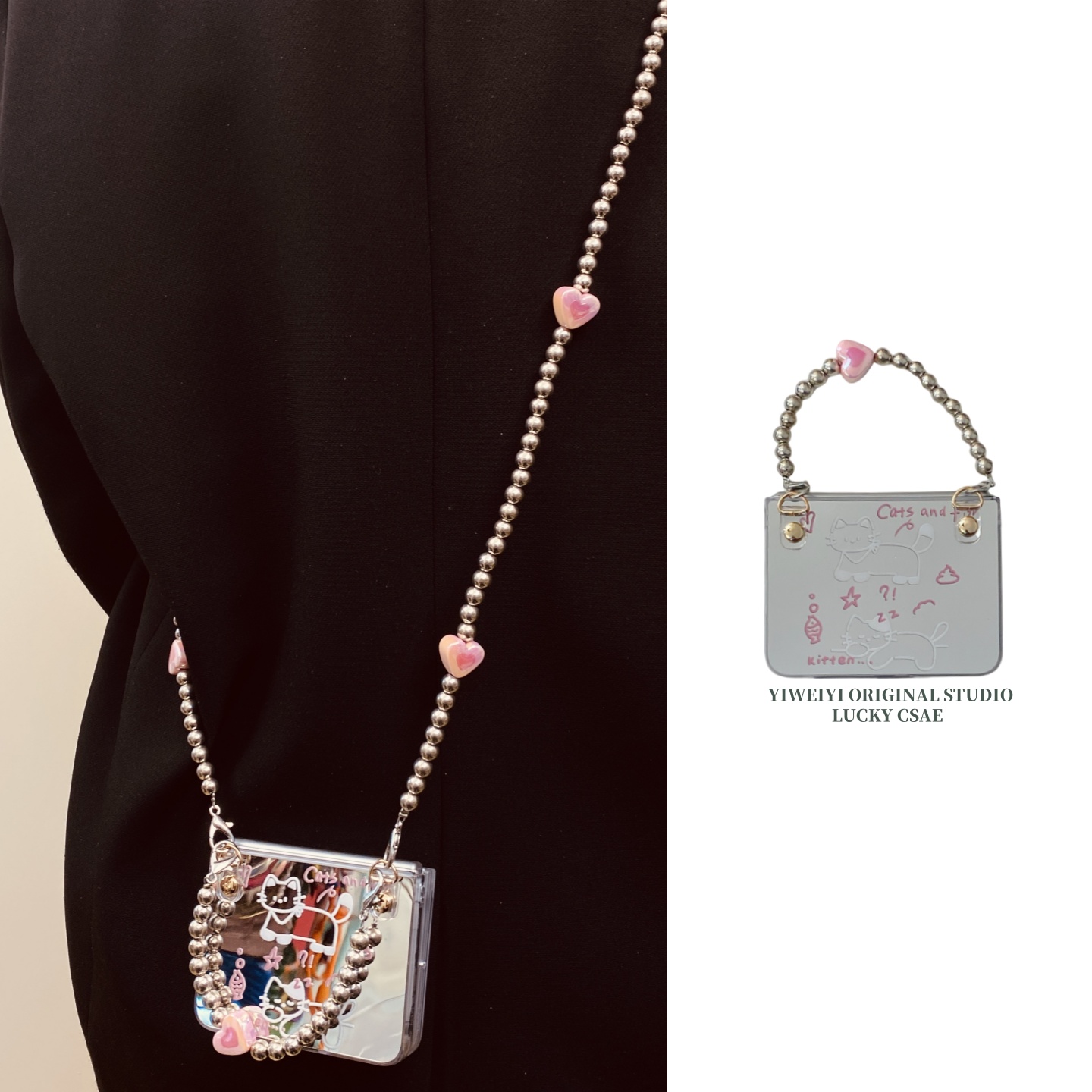 适用于华为折叠镜面猫咪手机壳