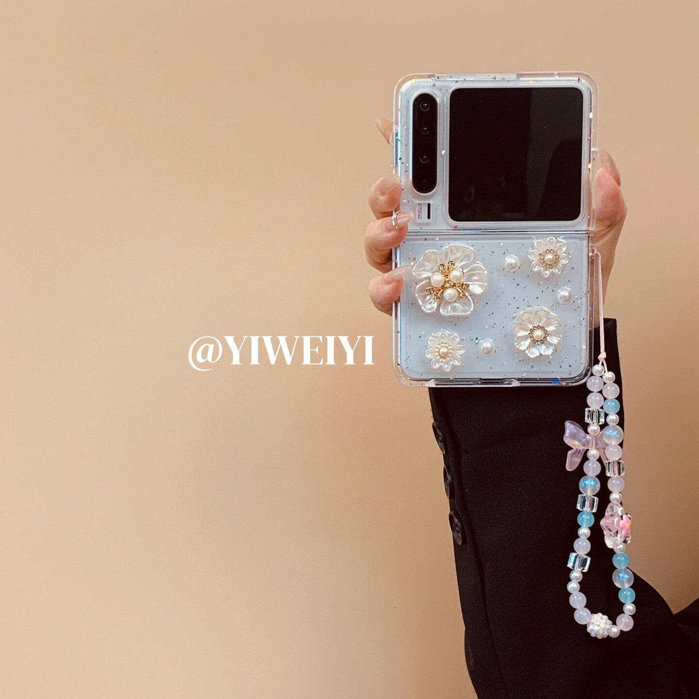 依维意 适用于华为purax手机壳pocket2珍珠白花折叠屏oppofindn3flip透明闪粉滴胶zflip5蝴蝶结花朵串珠挂绳