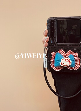 依维意 适用于华为purax手机壳pocket2黑色玫瑰花皮纹折叠屏oppofindn3flip手提绳可爱kt牛仔蝴蝶结zflip5