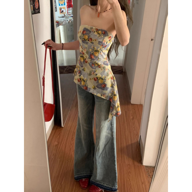 法式碎花不规则抹胸背心女夏外穿高级感欲气质收腰显瘦无袖上衣