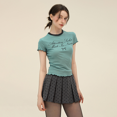 天丝撞色圆领木耳卷边印花T恤