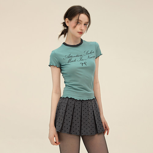 天丝撞色圆领木耳卷边印花T恤