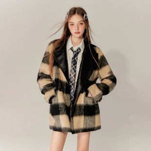 NNOVA美式复古双排扣毛呢格子拼接皮学院风大衣女赫本风外套