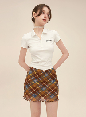 NNOVA美式复古字母刺绣V领正肩简约POLO衫女夏季校园风短袖t恤