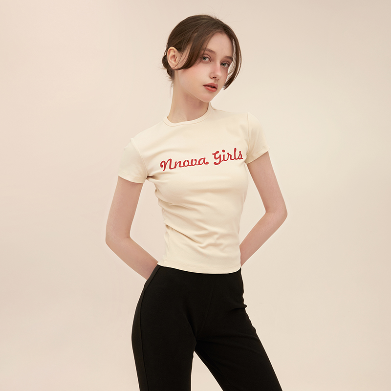 字母印花紧身圆领短袖T恤