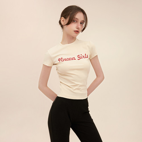 字母印花紧身圆领短袖T恤