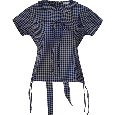 NNOVA美式复古格纹绑带短袖衬衫女夏季新款短裙