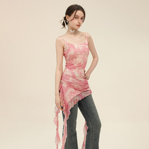 不规则荷叶花边小众吊带连衣裙