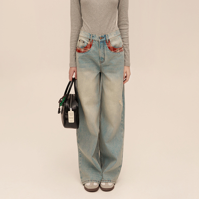 做旧洗水撞色线宽松蓝牛仔裤