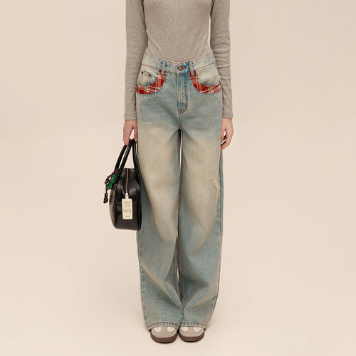 做旧洗水撞色线宽松蓝牛仔裤