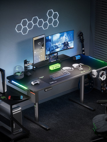 升降电脑桌网红游戏室碳纤维电动升降桌家用升降桌电脑桌面桌