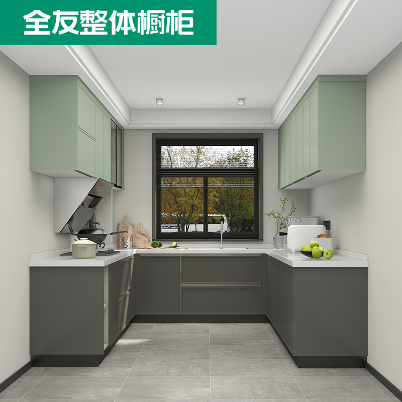 全友全屋定制u字形整体橱柜厨房设计 现代极简厨房台面石英石定做