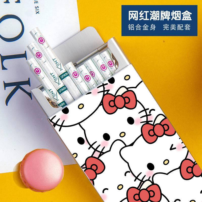 日系KT猫铝合金滑盖粗细烟盒卡通女生创意个性20支装烟合藏烟神器