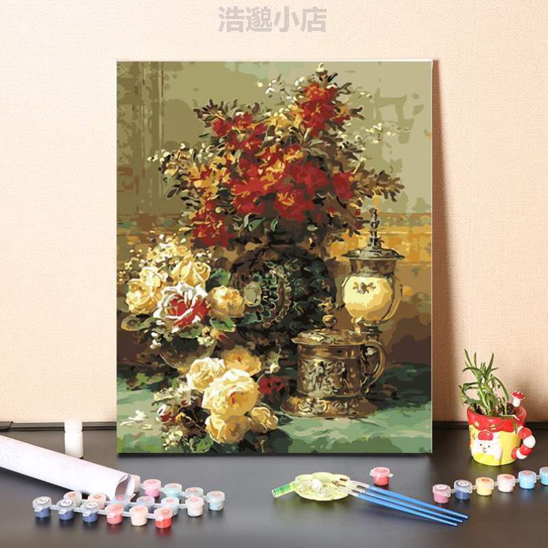 涂色数字复古装饰油彩diy手工画画客厅丙烯欧式手绘?油画花卉填充图片