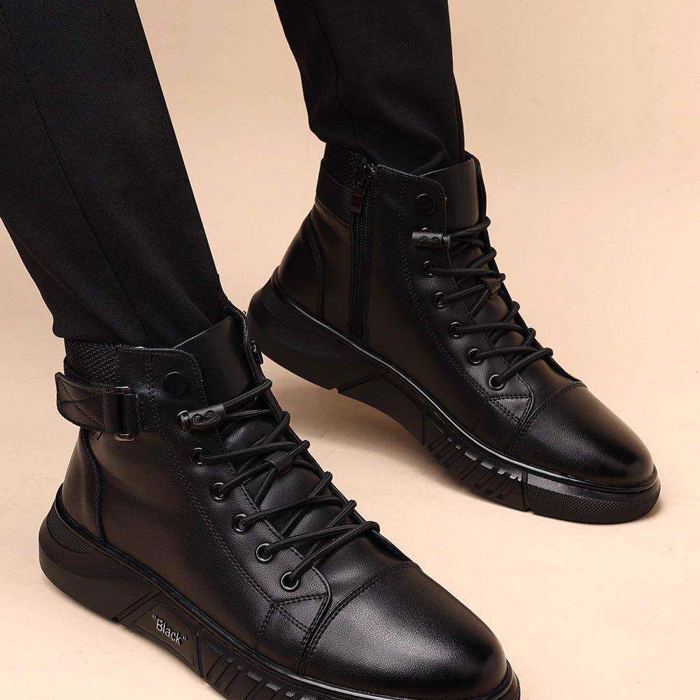 高帮鞋男潮流休闲内增高板鞋中帮青年马丁靴拉链软底轻便工装短靴