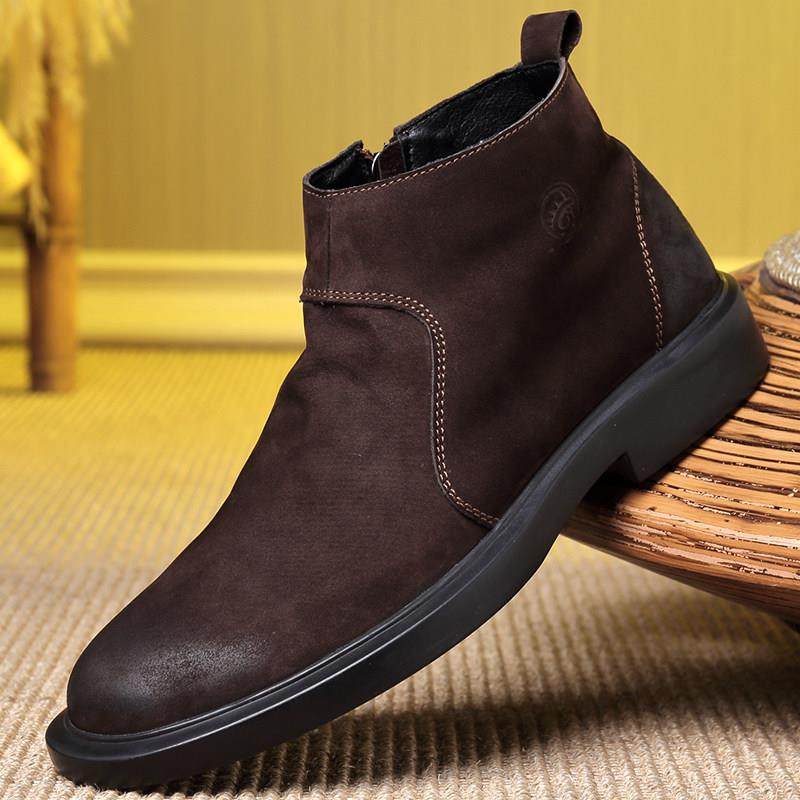 皮靴男款休闲秋冬款拉链短靴男马丁靴翻毛皮高帮加绒棉皮鞋男真皮