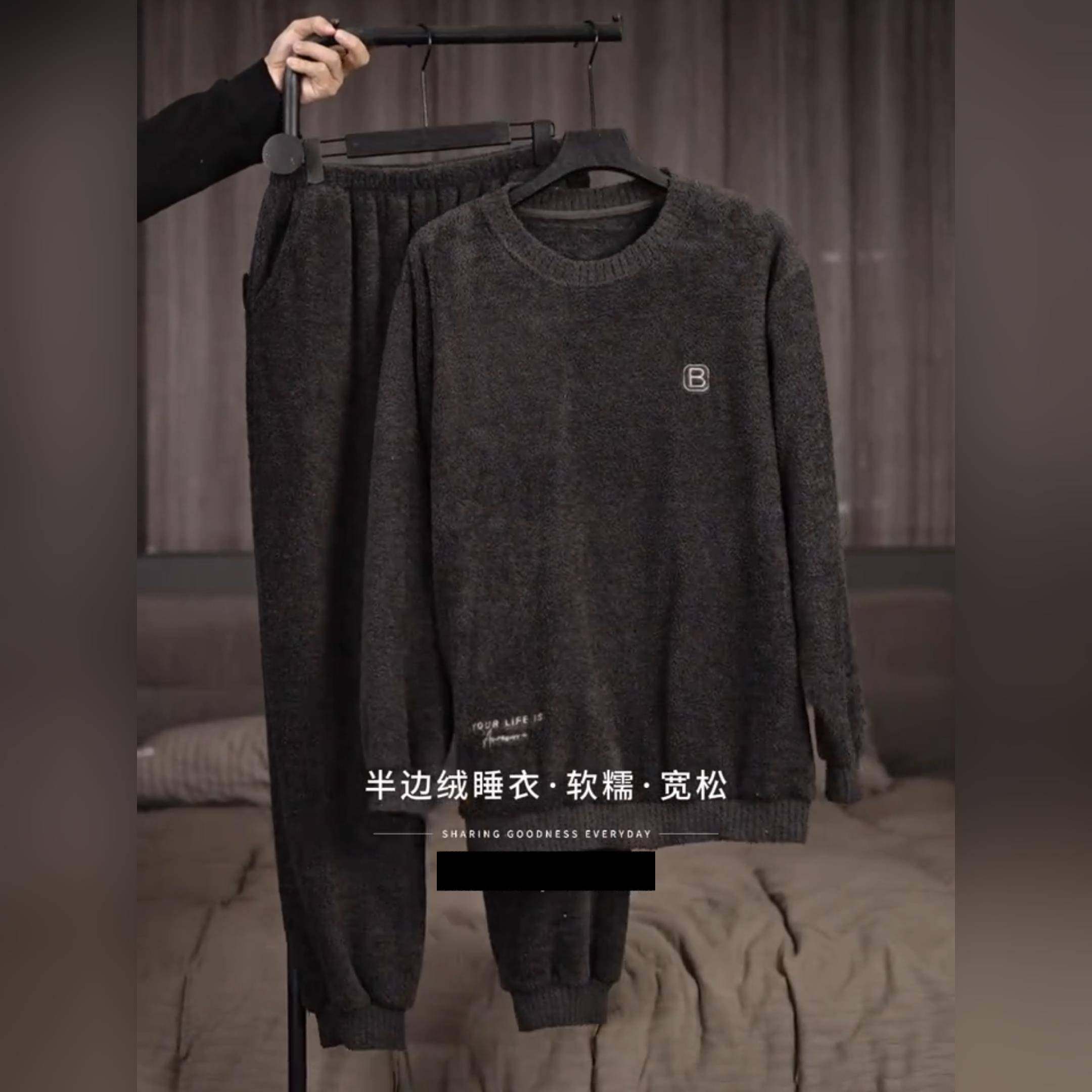 韩版潮流男士圆领套头半边绒睡衣秋冬休闲运动风可外穿家居服套装