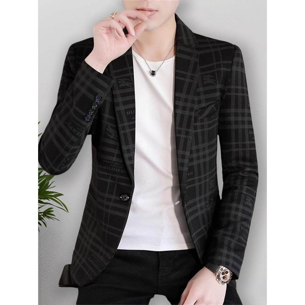 格子休闲西服男韩版高端帅气加绒单西外套秋季修身印花时尚小西装