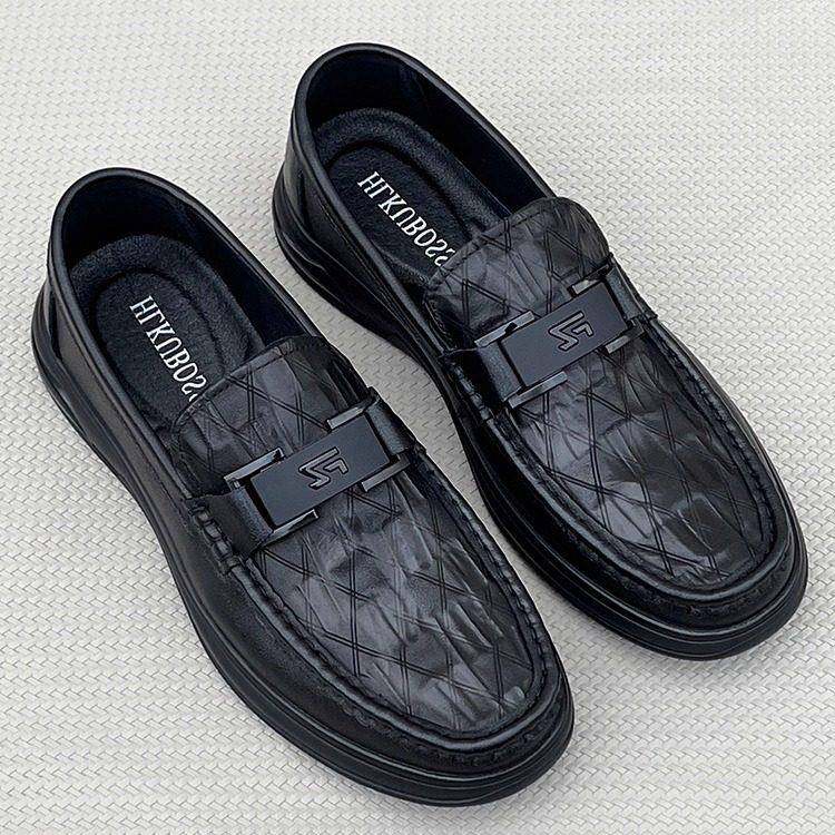 潮牌2025秋季休闲皮鞋男款菱形软底皮革豆豆鞋子男生鞋透气乐福鞋