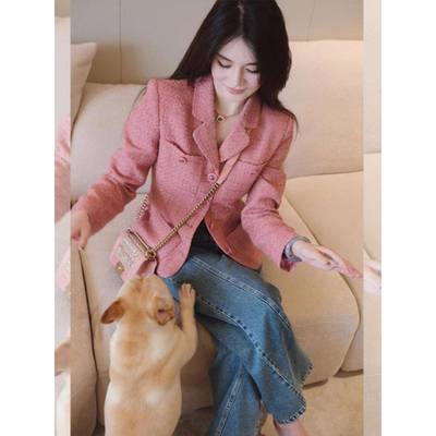 韩国2025春新款小香风气质粗花呢外套女小个子穿搭粉色短款西装潮
