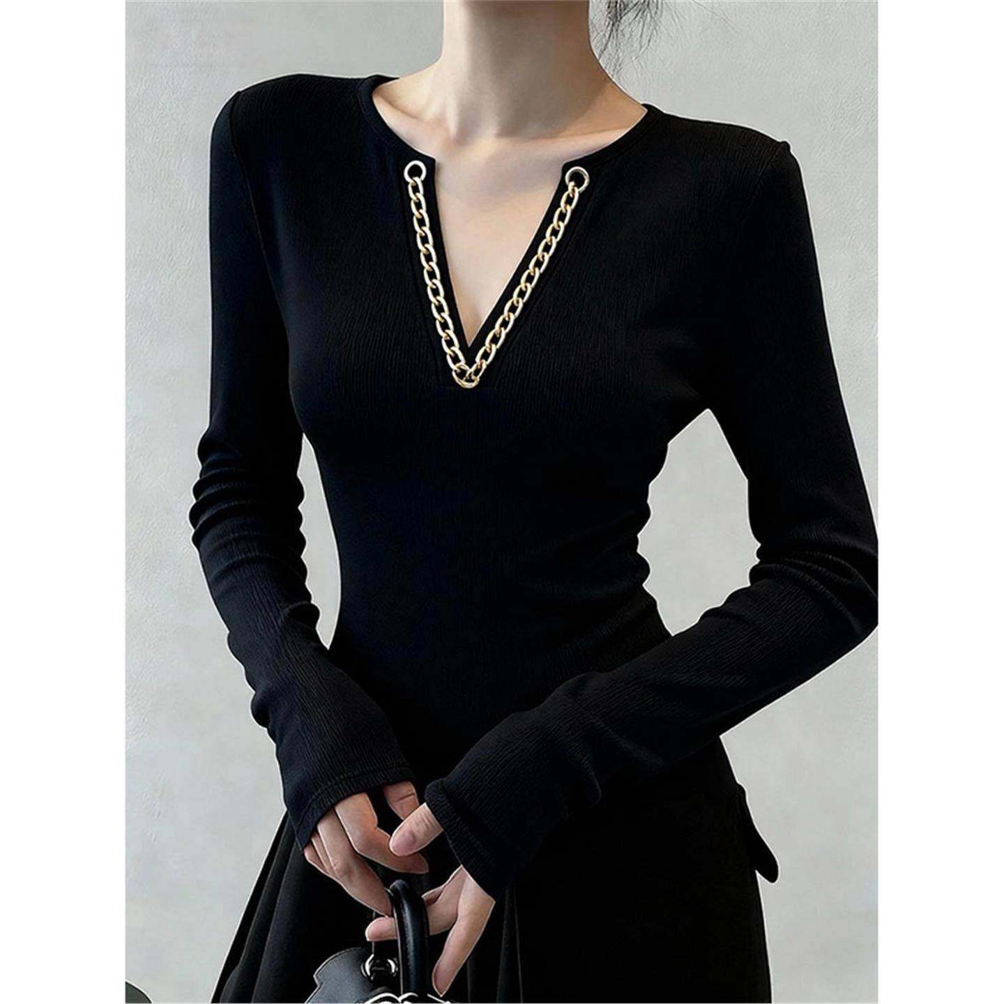 Ocnltiy复古辣妹链条v领针织打底衫女士内搭掐腰显瘦绝美长袖上衣