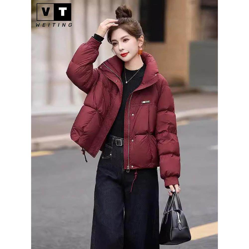 WEI TING红色短款羽绒服女2025冬季新款小个子宽松加厚立领面包服