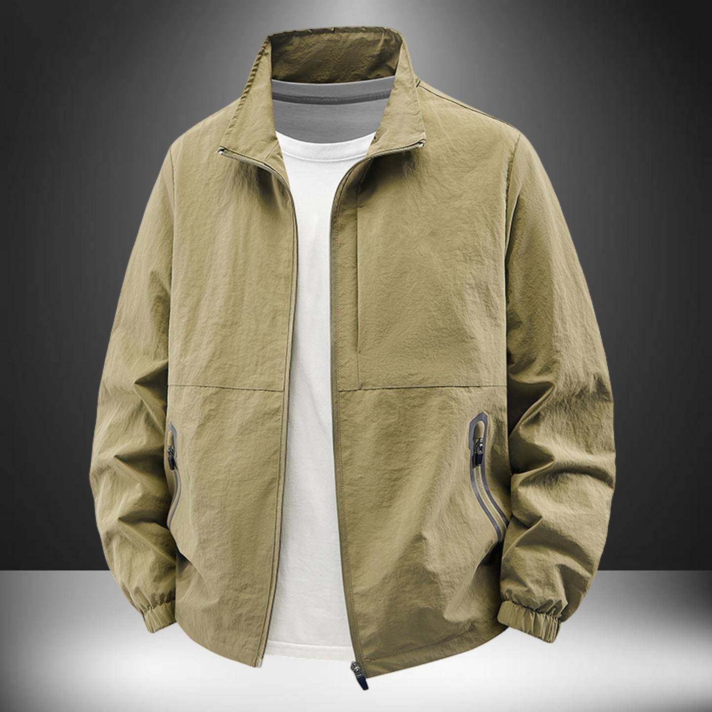 春秋季多口袋夹克衫男户外百搭立领休闲外套内里加绒纯色运动上衣
