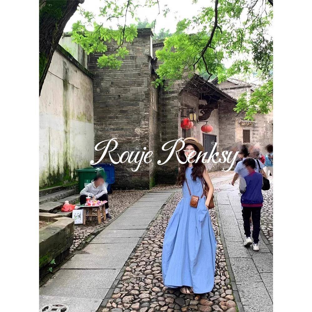 法国Rouje Renksy法国简单优雅的蓝色无袖背心连衣裙慵懒长裙妇女