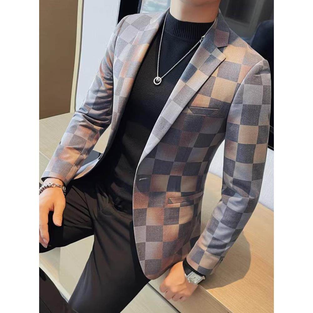 高级感格子西服男秋冬新款韩版修身百搭潮流商务休闲印花西装外套