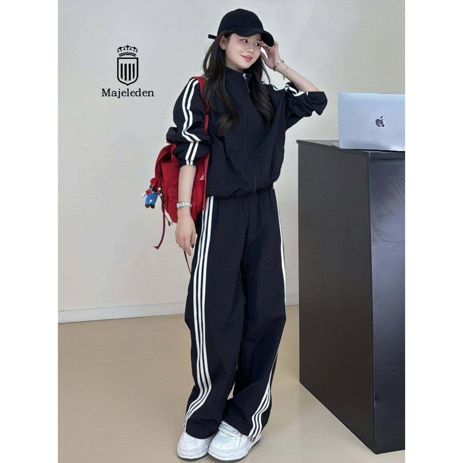 正品2025秋新款休闲运动套装女时尚减龄黑色外套上衣阔腿裤两件套