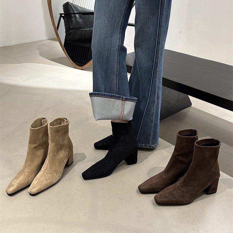 香港绒面粗跟瘦瘦靴女气质方头高跟弹力短靴袜靴卡其色韩系及踝靴