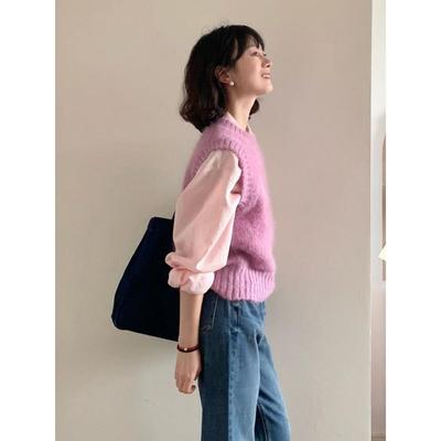 韩国2025春新款粉色圆领针织马甲背心女毛衣坎肩衬衫叠穿两件套潮