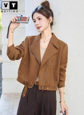 WEI TING麂皮绒外套女春秋季新款高级感覆古夹克短款气质翻领上衣