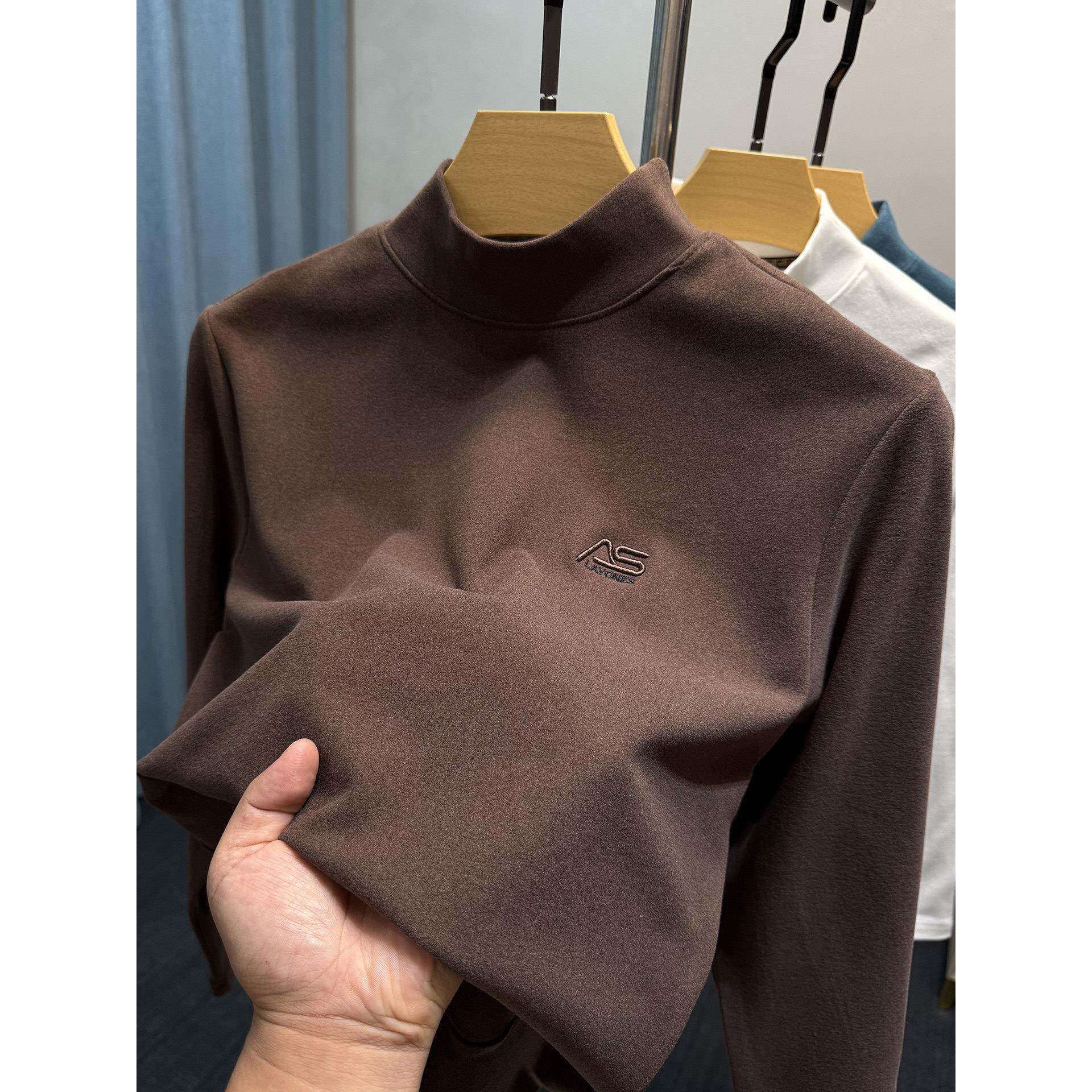 双面德绒长袖T恤男2025秋冬季保暖修身半高领上衣磨毛套头打底衫