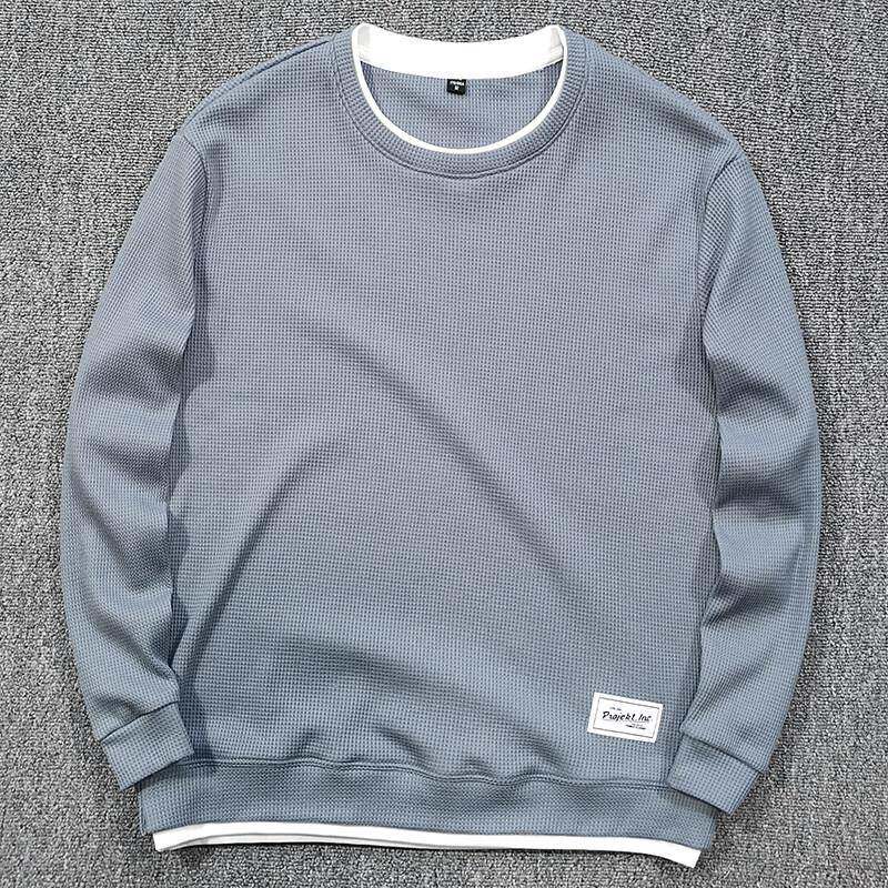 MAROLIO~重磅秋装 全棉华夫格男士卫衣假两件潮牌圆领宽松休闲T恤 - 布鲁克香港代购出品