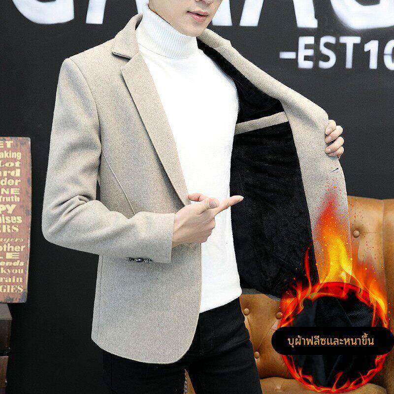 香港秋冬季加绒小西装男士韩版修身单西休闲加厚毛呢西服上衣外套