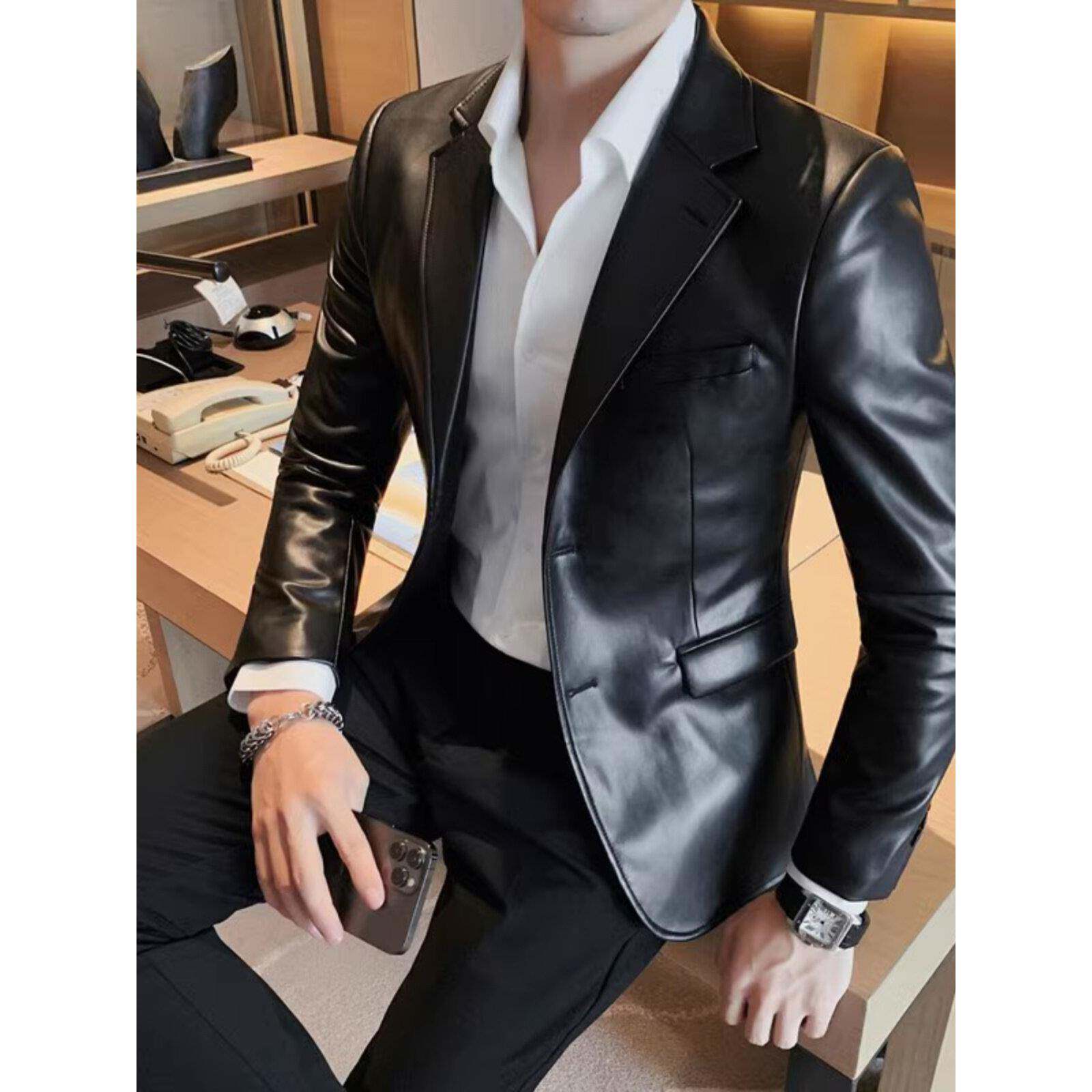 香港2025新款真皮皮西装商务休闲夹克男秋冬韩版修身潮流皮衣外套