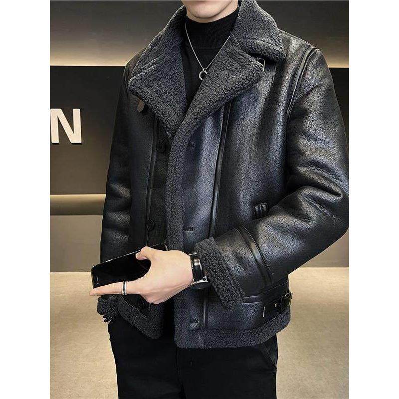 加绒夹克男秋冬季羊羔毛翻领加厚防风抗寒保暖美式痞帅机车皮外套