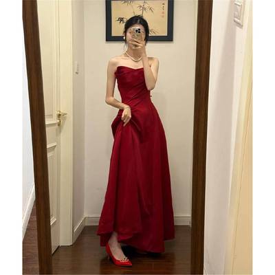 Ocnltiy酒红色抹胸晚礼服裙女高级感小众名媛宴会新娘气质敬酒服