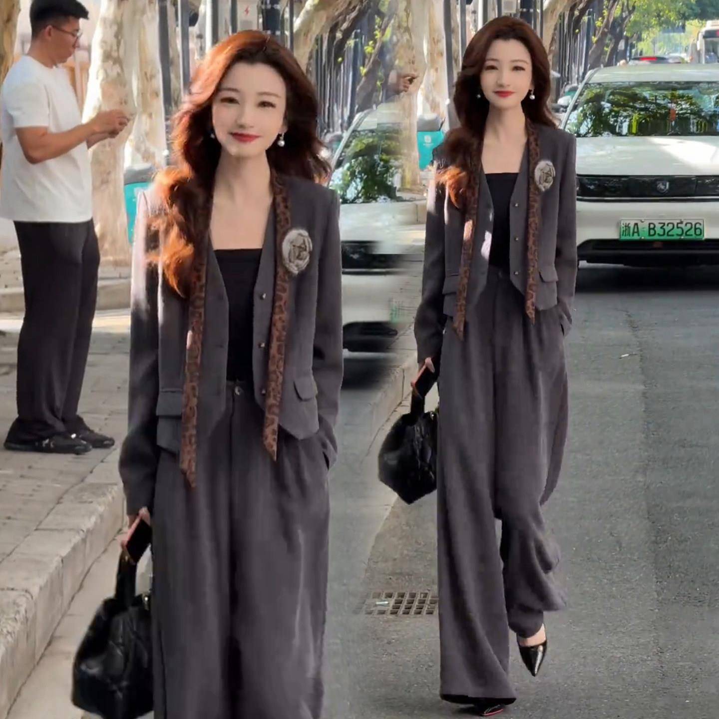 香港代购时尚西装套装女秋季新款时髦西服短外套阔腿裤气质两件套