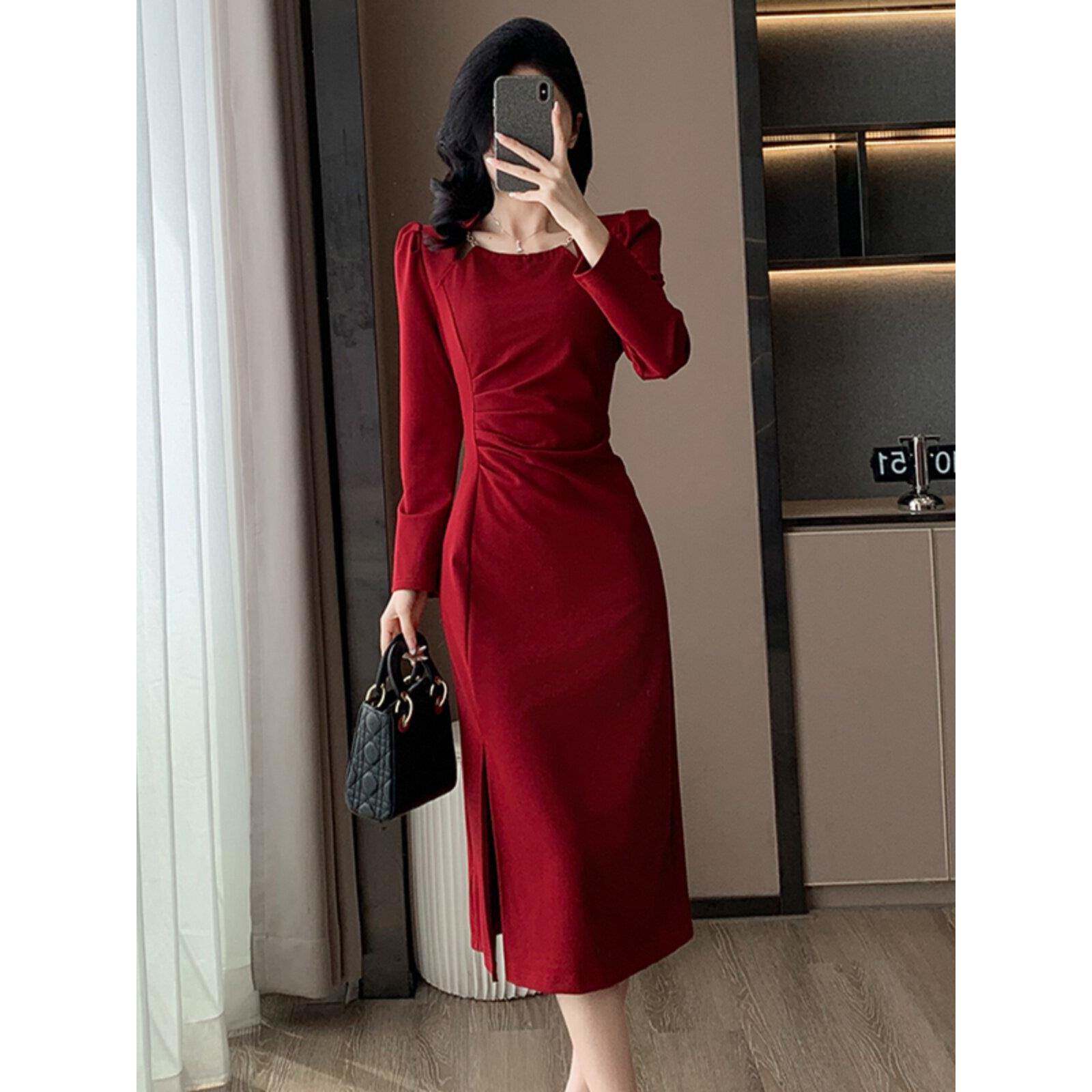 Ocnltiy红色连衣裙女法式长袖订婚礼服日常可穿赫本小红裙高级感