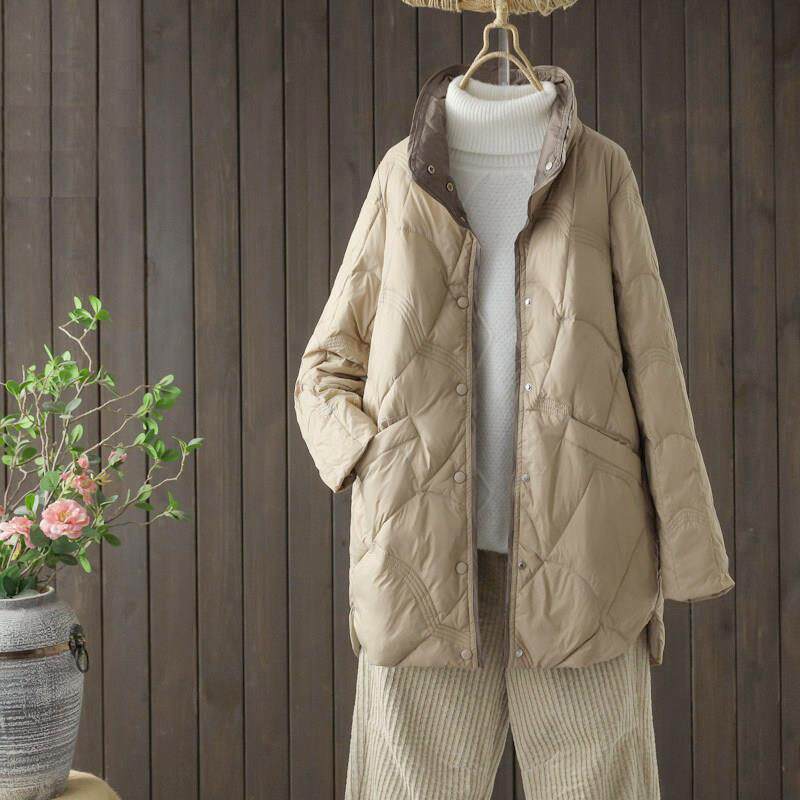 潮牌轻薄羽绒服女中长款2025秋冬新款大码宽松薄款立领白鸭绒外套