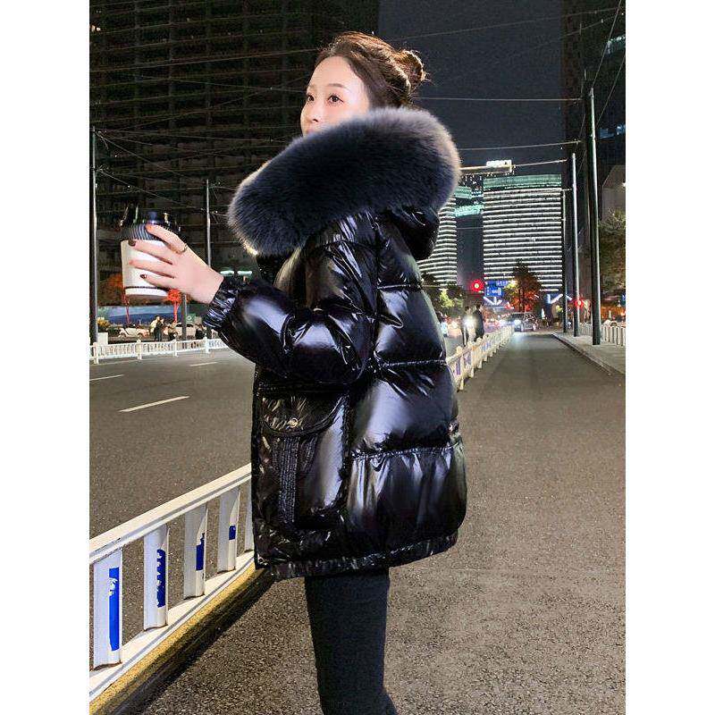 黑色羽绒棉服女冬季新款时尚韩版宽松加厚大毛领亮面免洗棉衣外套