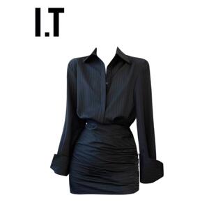 新品香港春秋覆古Polo领条纹长袖衬衫连衣裙女士收腰显瘦包臀短裙